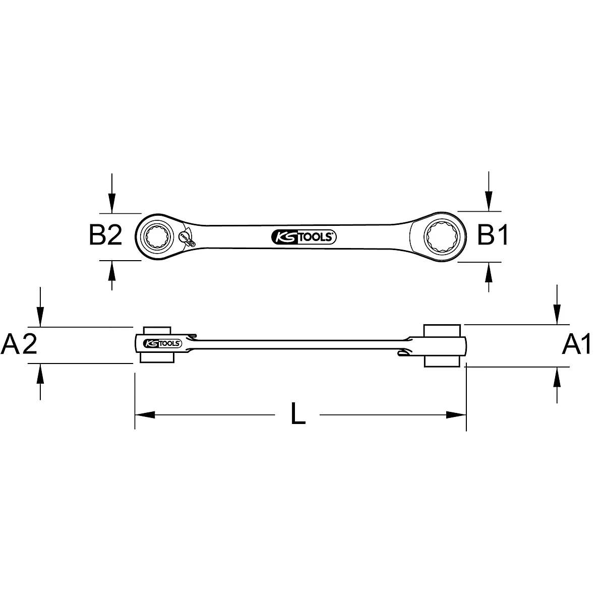 Zeichnung eines Ratschenschlüssels. Zwei Ansichten zeigen die Form mit Maßangaben: A1, A2, B1, B2, L. Der Schlüssel ist mit KS TOOLS beschriftet.